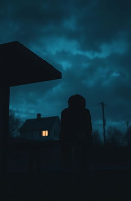 A silhouette of a boy sitting on a bus stop bench, head lowered, with his hands clenched together, symbolizing inner turmoil, against a backdrop of a dark, ominous sky