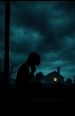 A silhouette of a boy sitting on a bus stop bench, head lowered, with his hands clenched together, symbolizing inner turmoil, against a backdrop of a dark, ominous sky