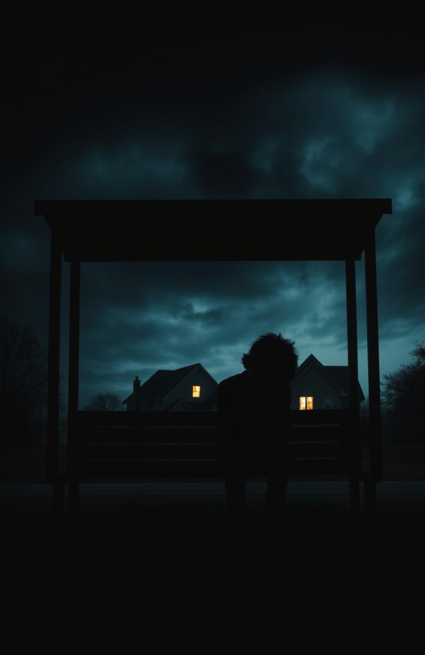 A silhouette of a boy sitting on a bus stop bench, head lowered, with his hands clenched together, symbolizing inner turmoil, against a backdrop of a dark, ominous sky