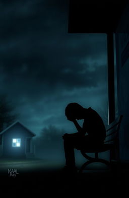 A silhouette of a boy sitting on a bus stop bench, head lowered, with his hands clenched together, symbolizing inner turmoil, against a backdrop of a dark, ominous sky