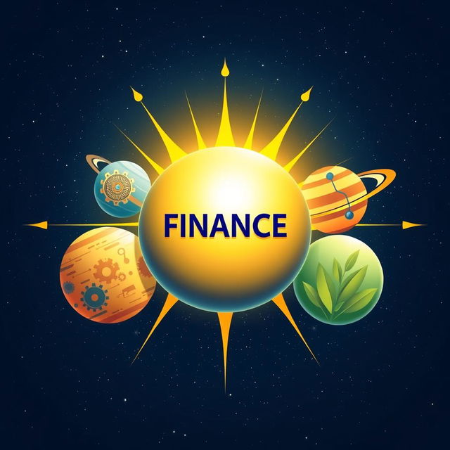 A visually stunning poster illustrating the concept of finance as the lifeblood of industry, represented by a vibrant solar system