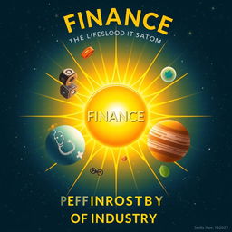 A visually stunning poster illustrating the concept of finance as the lifeblood of industry, represented by a vibrant solar system