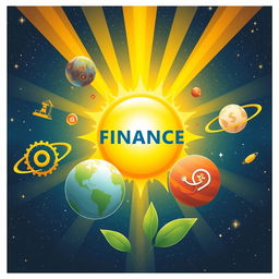 A visually stunning poster illustrating the concept of finance as the lifeblood of industry, represented by a vibrant solar system