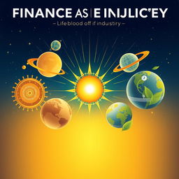 A visually stunning poster illustrating the concept of finance as the lifeblood of industry, represented by a vibrant solar system