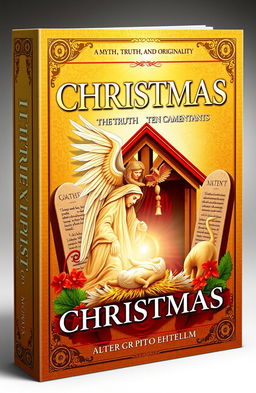 An informative and engaging book cover design featuring elements that symbolize myth, truth, and originality associated with Christmas, Jesus, and the Ten Commandments