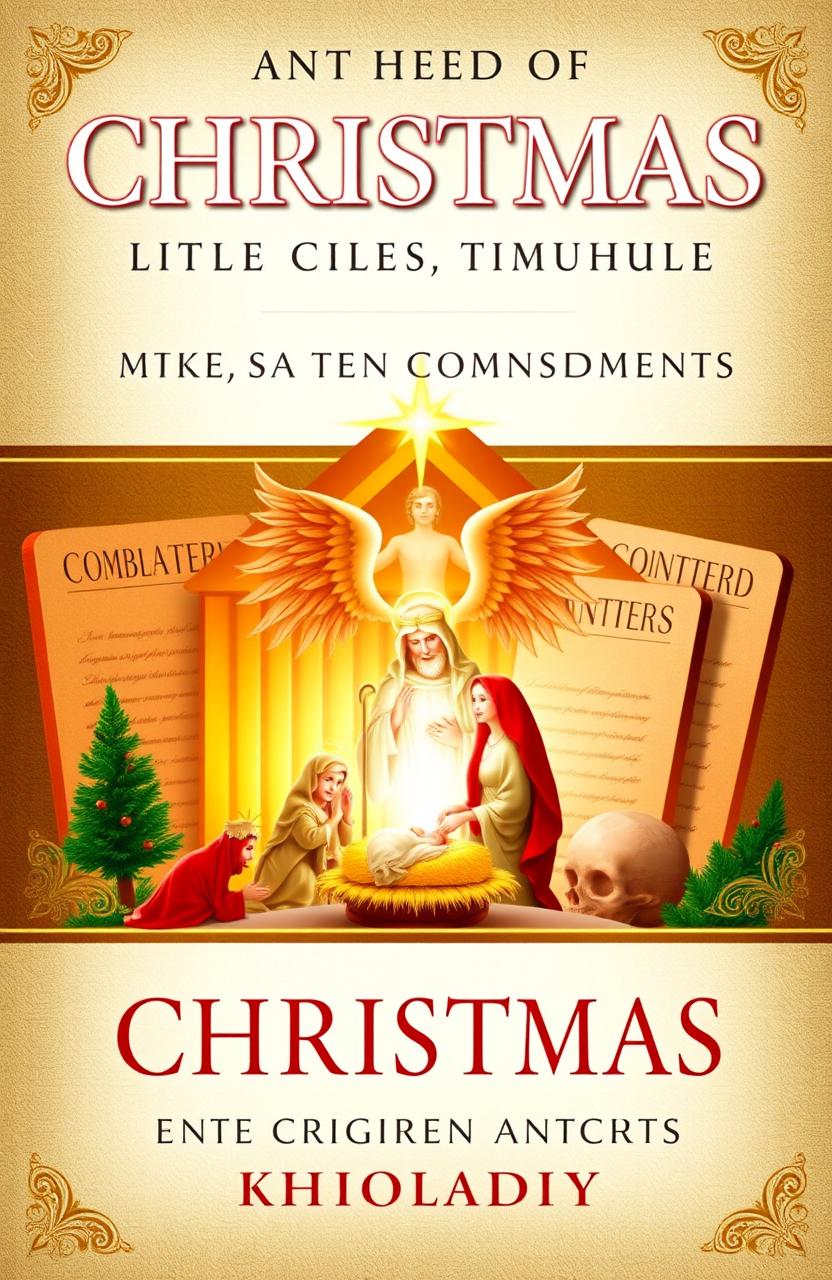 An informative and engaging book cover design featuring elements that symbolize myth, truth, and originality associated with Christmas, Jesus, and the Ten Commandments