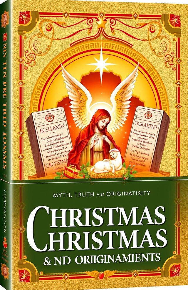 An informative and engaging book cover design featuring elements that symbolize myth, truth, and originality associated with Christmas, Jesus, and the Ten Commandments