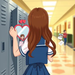 A student girl wearing a school uniform with long, wavy brown hair, posing in a blurred school hallway background