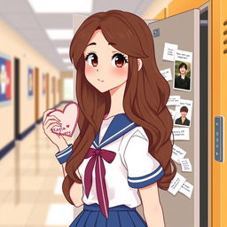 A student girl wearing a school uniform with long, wavy brown hair, posing in a blurred school hallway background