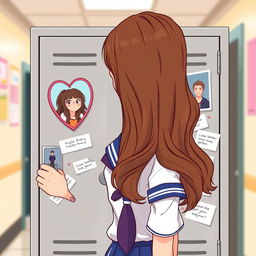 A student girl wearing a school uniform with long, wavy brown hair, posing in a blurred school hallway background