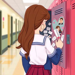 A student girl wearing a school uniform with long, wavy brown hair, posing in a blurred school hallway background