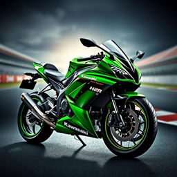 A stunning digital wallpaper featuring the Kawasaki H2R motorcycle, showcasing its sleek aerodynamic design and vibrant green and black color scheme