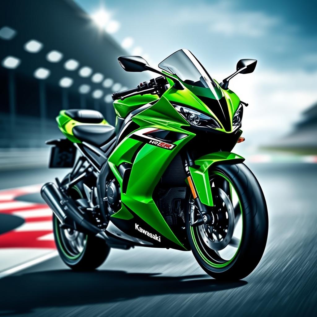 A stunning digital wallpaper featuring the Kawasaki H2R motorcycle, showcasing its sleek aerodynamic design and vibrant green and black color scheme