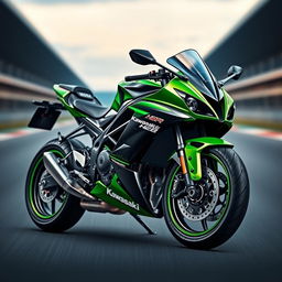 A stunning digital wallpaper featuring the Kawasaki H2R motorcycle, showcasing its sleek aerodynamic design and vibrant green and black color scheme