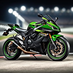 A stunning digital wallpaper featuring the Kawasaki H2R motorcycle, showcasing its sleek aerodynamic design and vibrant green and black color scheme