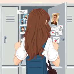 A student girl wearing a school uniform with long, wavy brown hair, depicted from the bust up, is opening her locker in a blurred school hallway background