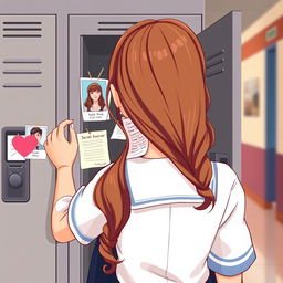 A student girl wearing a school uniform with long, wavy brown hair, depicted from the bust up, is opening her locker in a blurred school hallway background