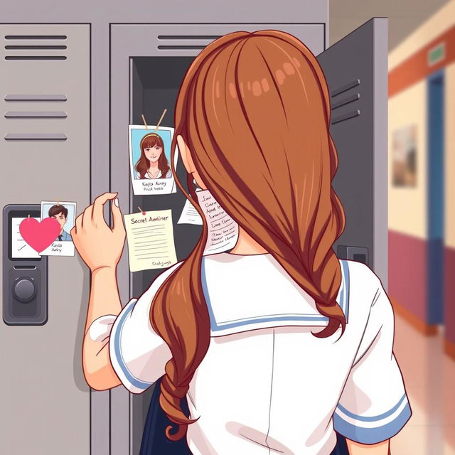 A student girl wearing a school uniform with long, wavy brown hair, depicted from the bust up, is opening her locker in a blurred school hallway background