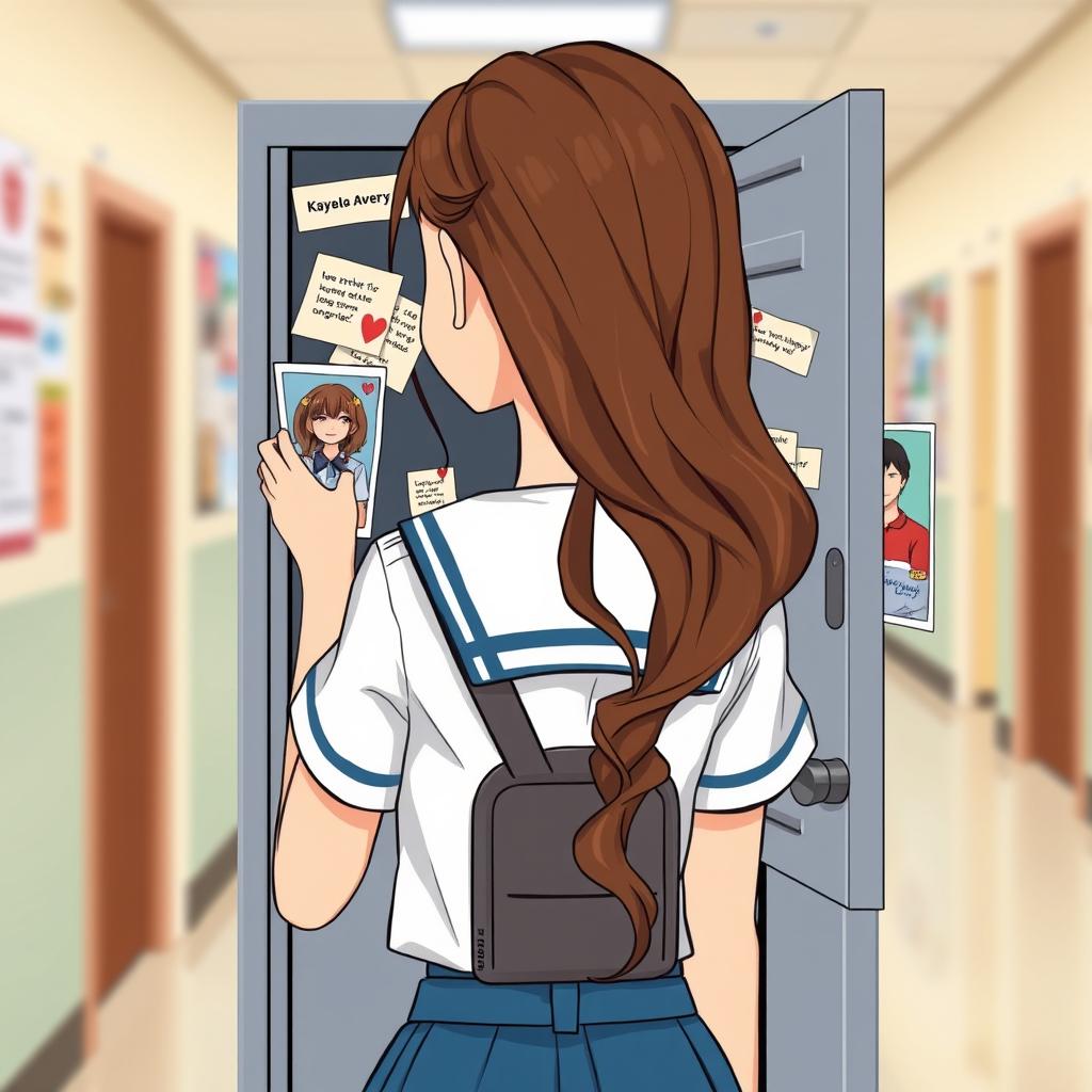 A student girl wearing a school uniform with long, wavy brown hair, depicted from the bust up, is opening her locker in a blurred school hallway background