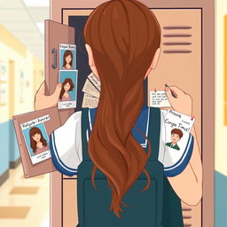 A student girl wearing a school uniform with long, wavy brown hair, depicted from the bust up, is opening her locker in a blurred school hallway background
