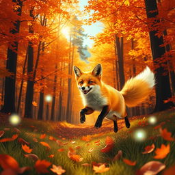 A fox exploring a vibrant forest during autumn, with colorful leaves falling all around