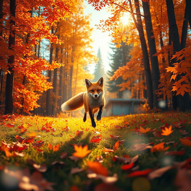 A fox exploring a vibrant forest during autumn, with colorful leaves falling all around