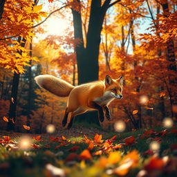 A fox exploring a vibrant forest during autumn, with colorful leaves falling all around