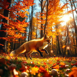 A fox exploring a vibrant forest during autumn, with colorful leaves falling all around