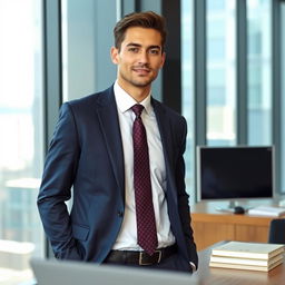 A professional scene featuring a confident individual wearing a tailored dark blue suit
