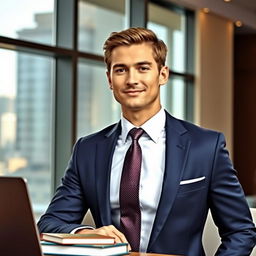 A professional scene featuring a confident individual wearing a tailored dark blue suit