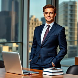 A professional scene featuring a confident individual wearing a tailored dark blue suit