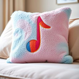 A cozy, whimsical design of a pillow that has a vibrant, colorful musical note symbol printed on it