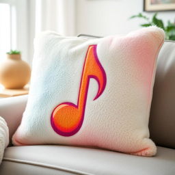 A cozy, whimsical design of a pillow that has a vibrant, colorful musical note symbol printed on it