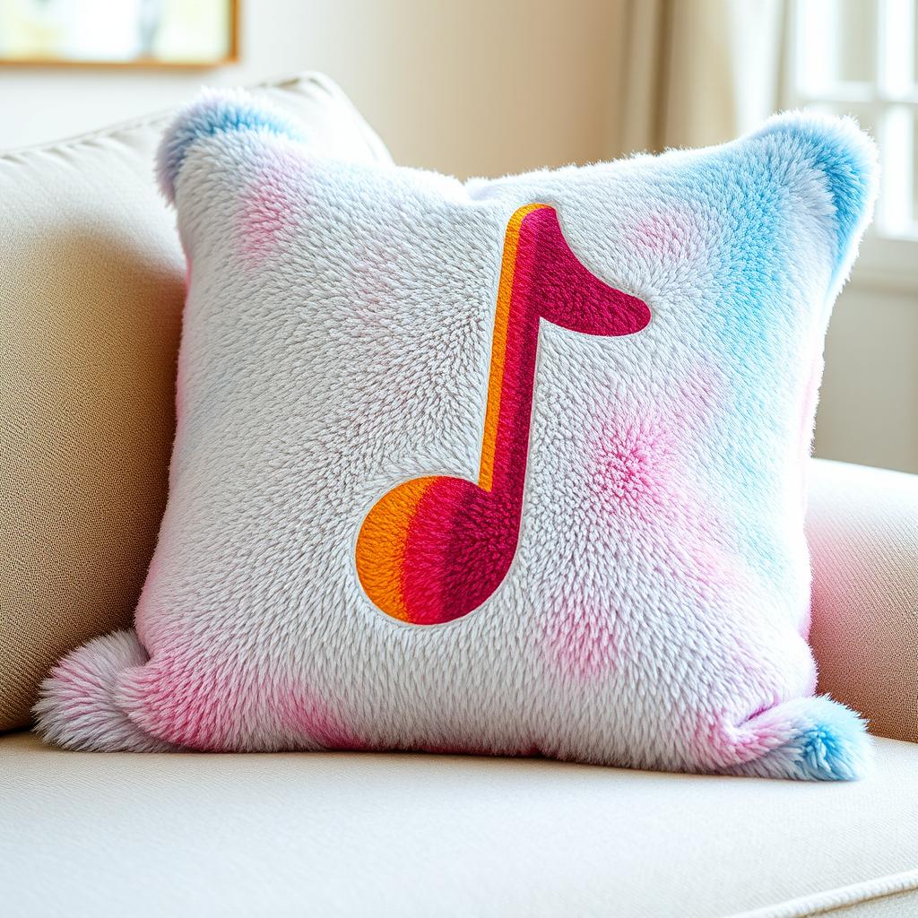 A cozy, whimsical design of a pillow that has a vibrant, colorful musical note symbol printed on it