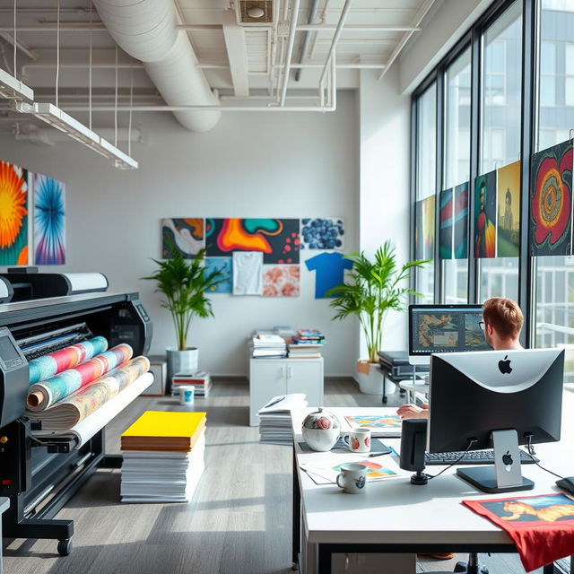 A modern office environment showcasing a creative sublimation printing station