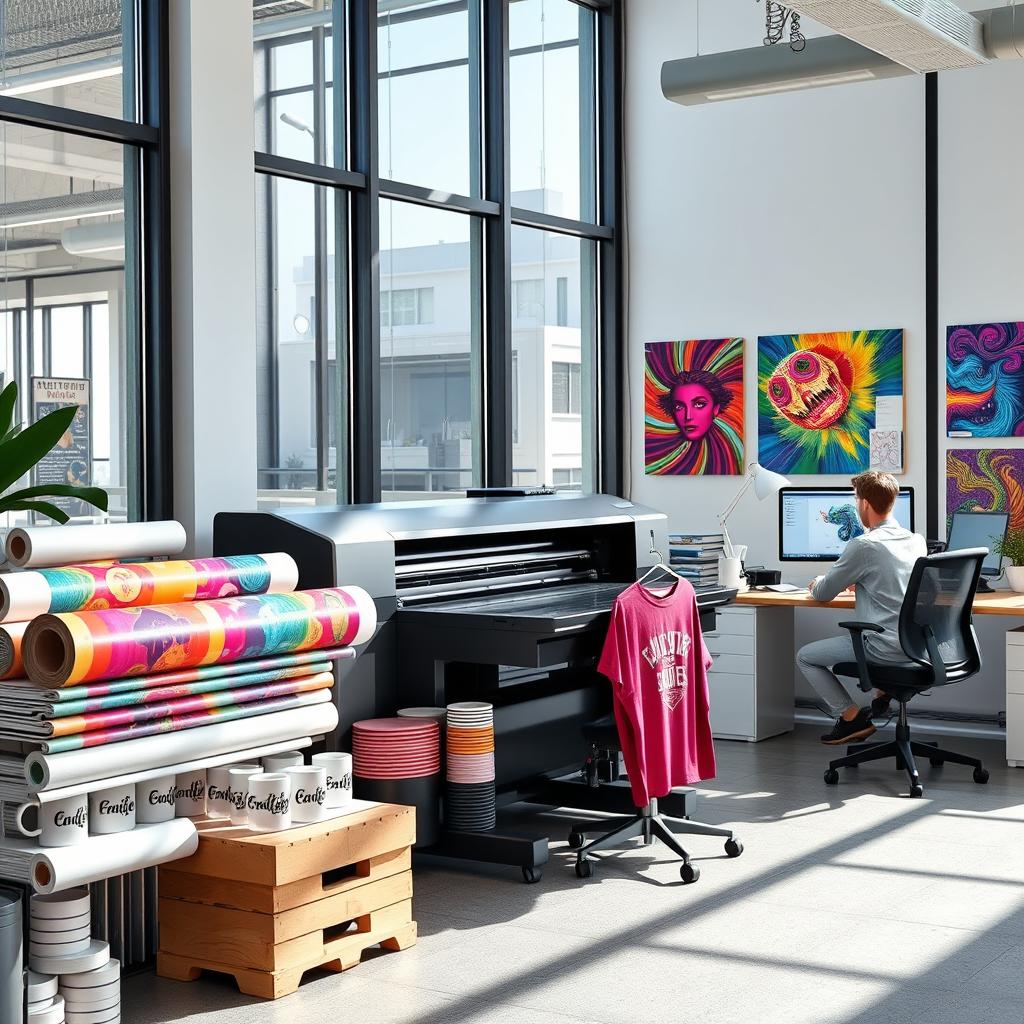 A modern office environment showcasing a creative sublimation printing station