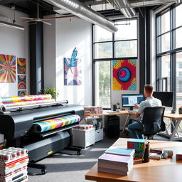 A modern office environment showcasing a creative sublimation printing station