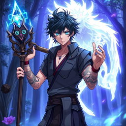 A striking anime male character with tousled dark hair and glowing blue eyes, wearing a traditional yet stylish outfit that blends modern and ancient elements