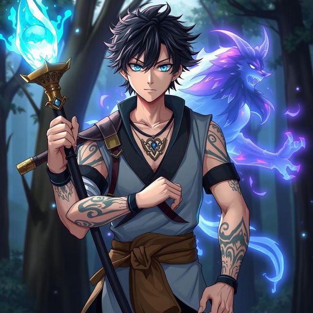 A striking anime male character with tousled dark hair and glowing blue eyes, wearing a traditional yet stylish outfit that blends modern and ancient elements