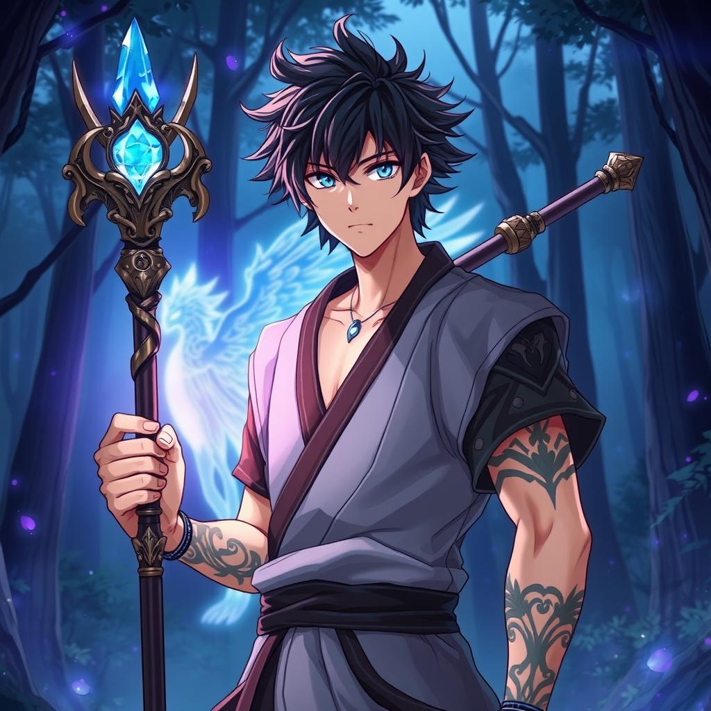 A striking anime male character with tousled dark hair and glowing blue eyes, wearing a traditional yet stylish outfit that blends modern and ancient elements