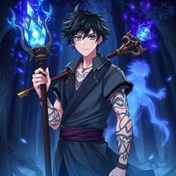 A striking anime male character with tousled dark hair and glowing blue eyes, wearing a traditional yet stylish outfit that blends modern and ancient elements