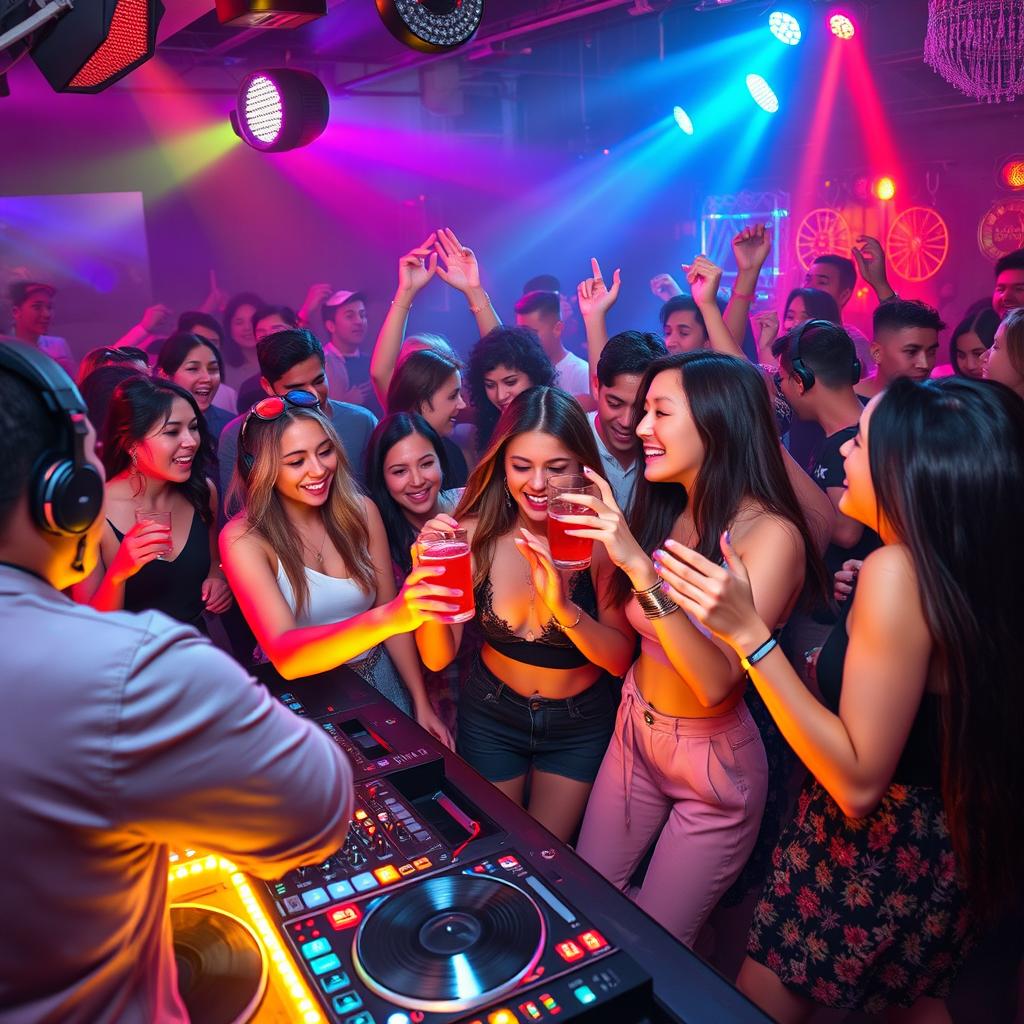 A dynamic and energetic portrayal of a vibrant music party scene, featuring young adults dancing and enjoying themselves in a lively atmosphere