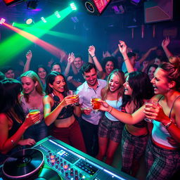 A dynamic and energetic portrayal of a vibrant music party scene, featuring young adults dancing and enjoying themselves in a lively atmosphere