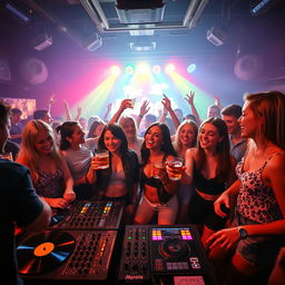 A dynamic and energetic portrayal of a vibrant music party scene, featuring young adults dancing and enjoying themselves in a lively atmosphere