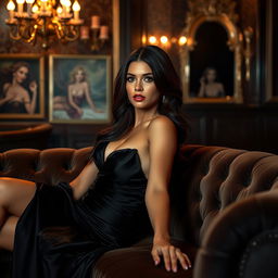 A captivating scene featuring a sexy brunette woman in a stylish black evening dress set in an elegant lounge