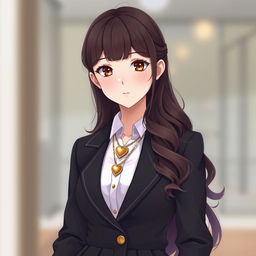 A girl wearing a luxury school uniform that exudes elegance, featuring details such as a tailored blazer and a stylish skirt, complemented by hazelnut-colored eyes and long, wavy hair cascading over her shoulders