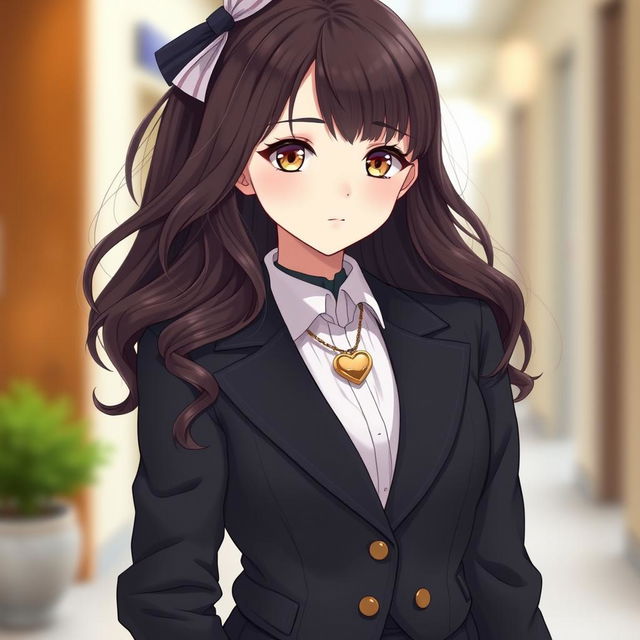 A girl wearing a luxury school uniform that exudes elegance, featuring details such as a tailored blazer and a stylish skirt, complemented by hazelnut-colored eyes and long, wavy hair cascading over her shoulders