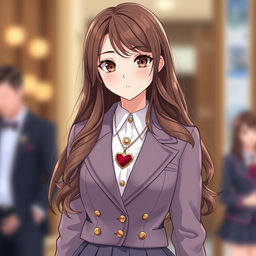 A girl wearing a luxury school uniform that exudes elegance, featuring details such as a tailored blazer and a stylish skirt, complemented by hazelnut-colored eyes and long, wavy hair cascading over her shoulders