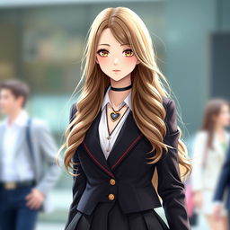 A girl wearing a luxury school uniform that exudes elegance, featuring details such as a tailored blazer and a stylish skirt, complemented by hazelnut-colored eyes and long, wavy hair cascading over her shoulders
