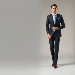 A sophisticated and elegant portrayal of a full-length photograph of a well-dressed individual in a sleek, stylish suit